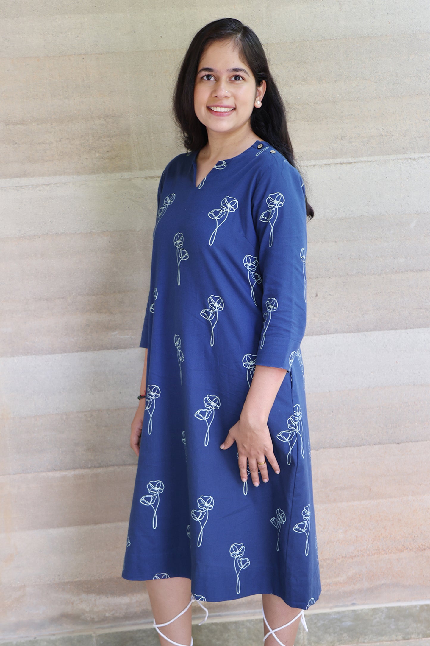 Indigo Blue Printed Pure Cotton Midi Dress