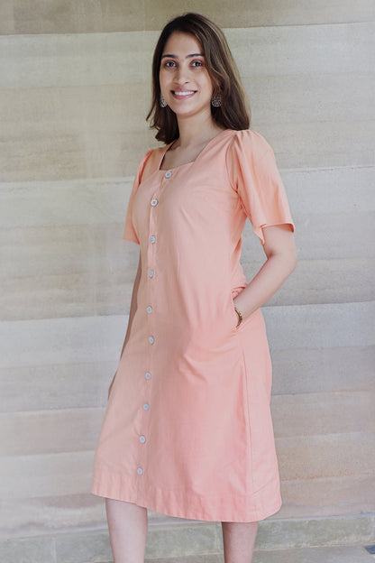 Square Neck A Line Dress in Monotone Solid Peach