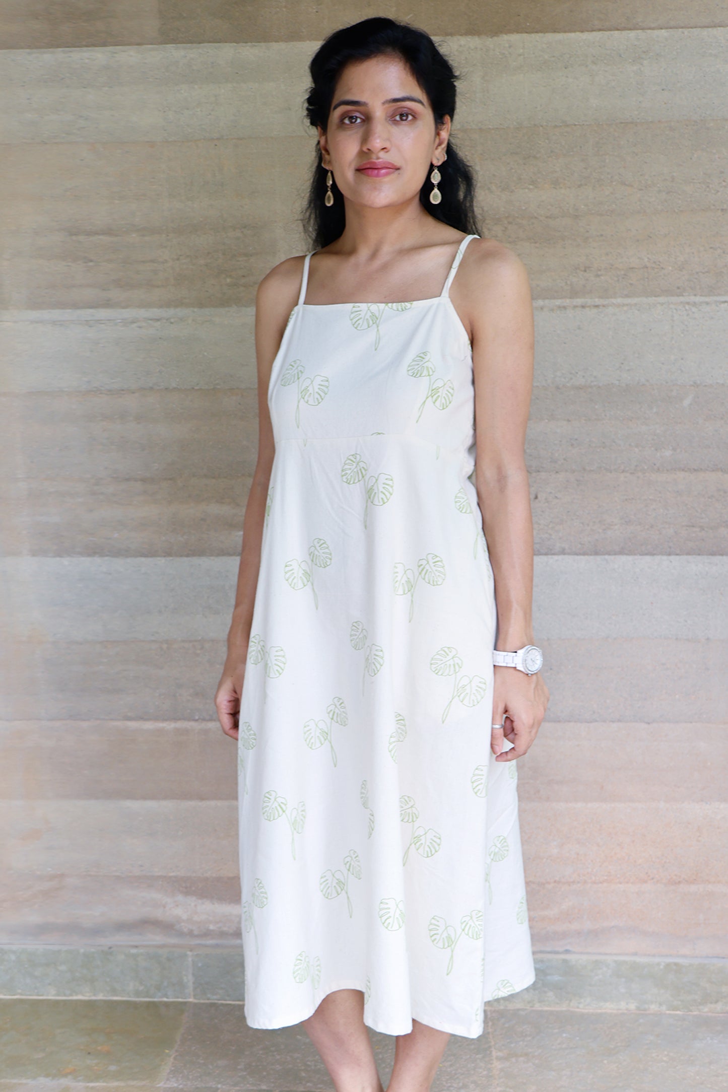 Strapped Maxi Off White and Green Botanical Printed Dress