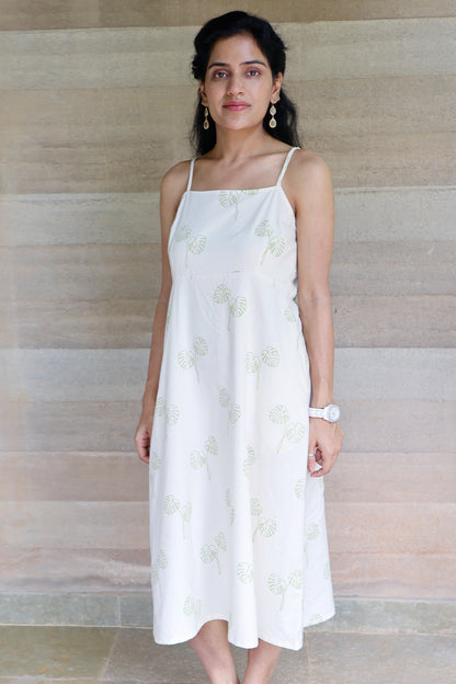 Strapped Maxi Off White and Green Botanical Printed Dress
