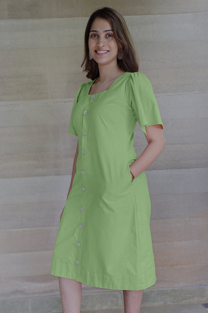 Square Neck A Line Dress in Monotone Solid Sage Green