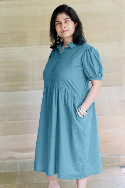 Collared Fine Cotton Teal Blue Dress