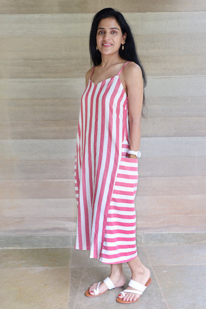 Off White and Red Striped Godet Dress