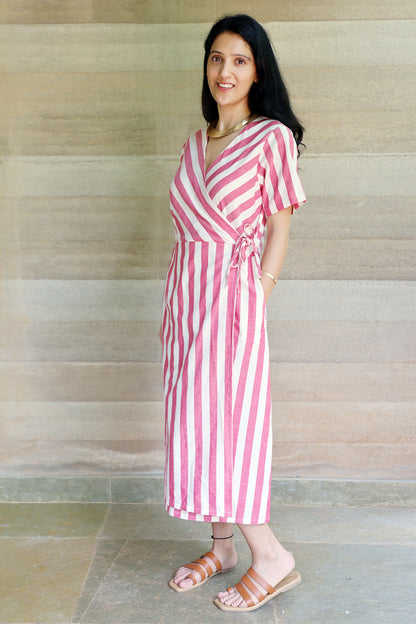 Striped Half Sleeved Wrap Around Dress in Off White and Red