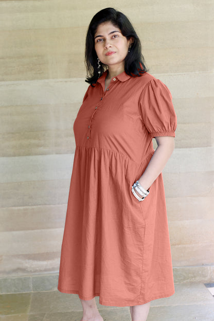 Collared Fine Cotton Brown Dress