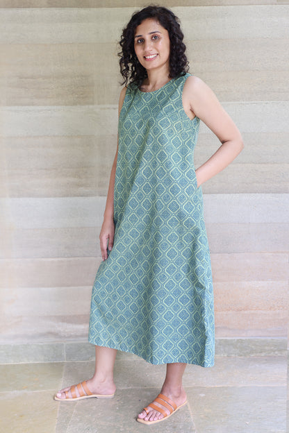 Green and Blue Geometrical Printed Sleeveless Maxi Dress