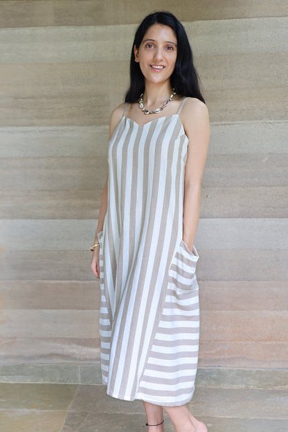 Off white and Light Brown Striped Godet Dress