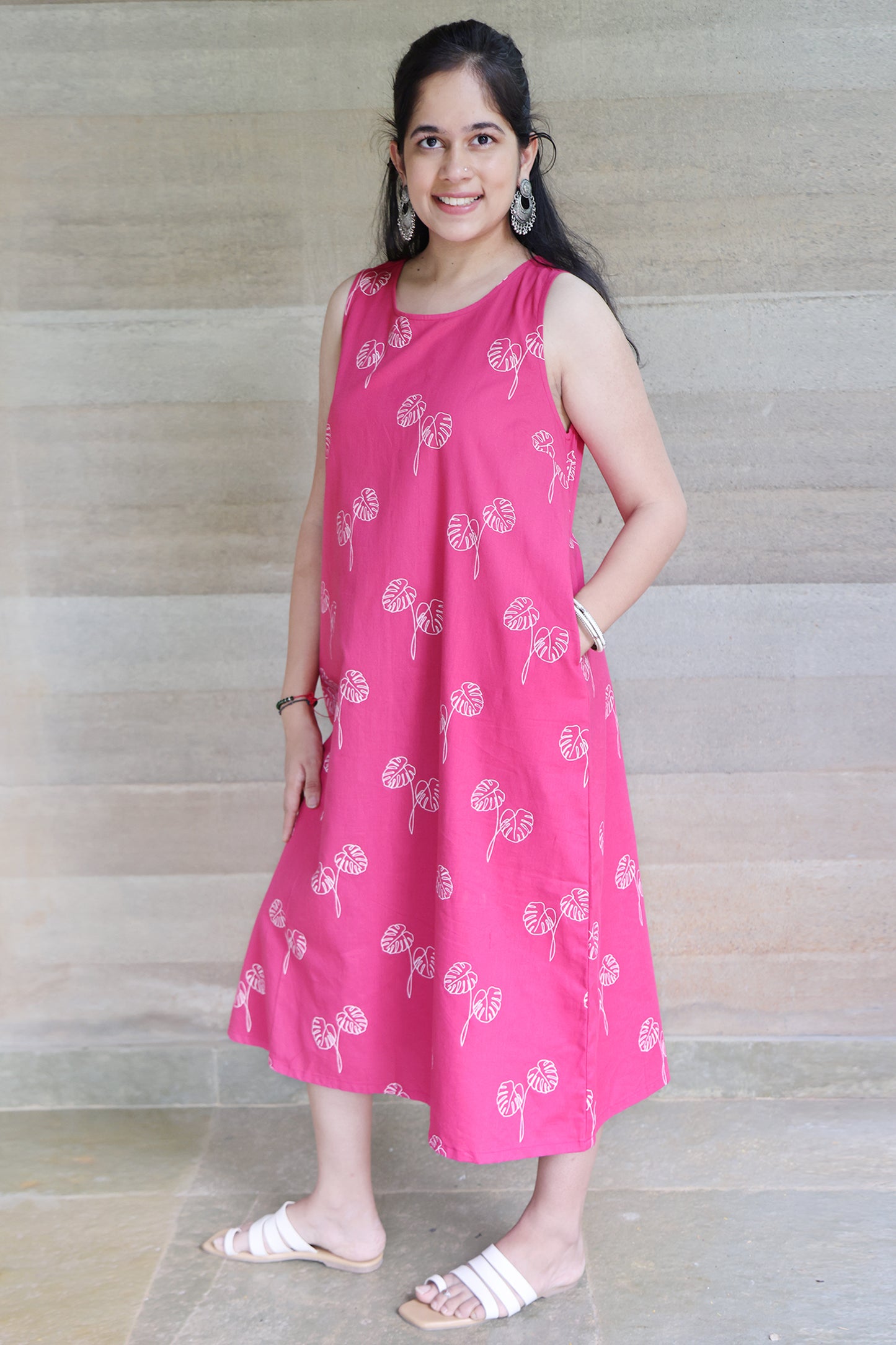 Viva Magenta Botanical Printed Sleeveless Maxi Dress