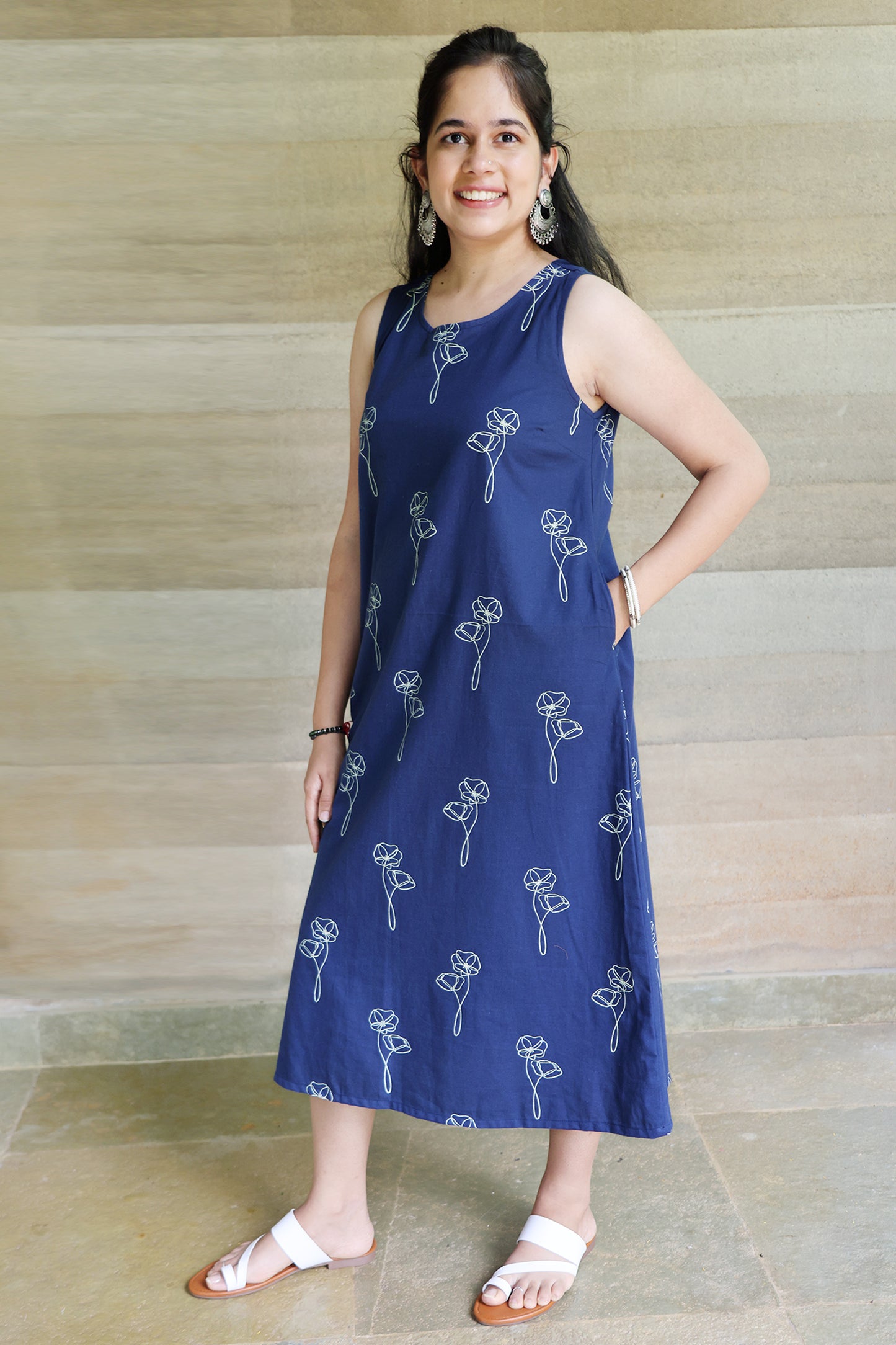 Navy Botanical Printed Sleeveless Maxi Dress