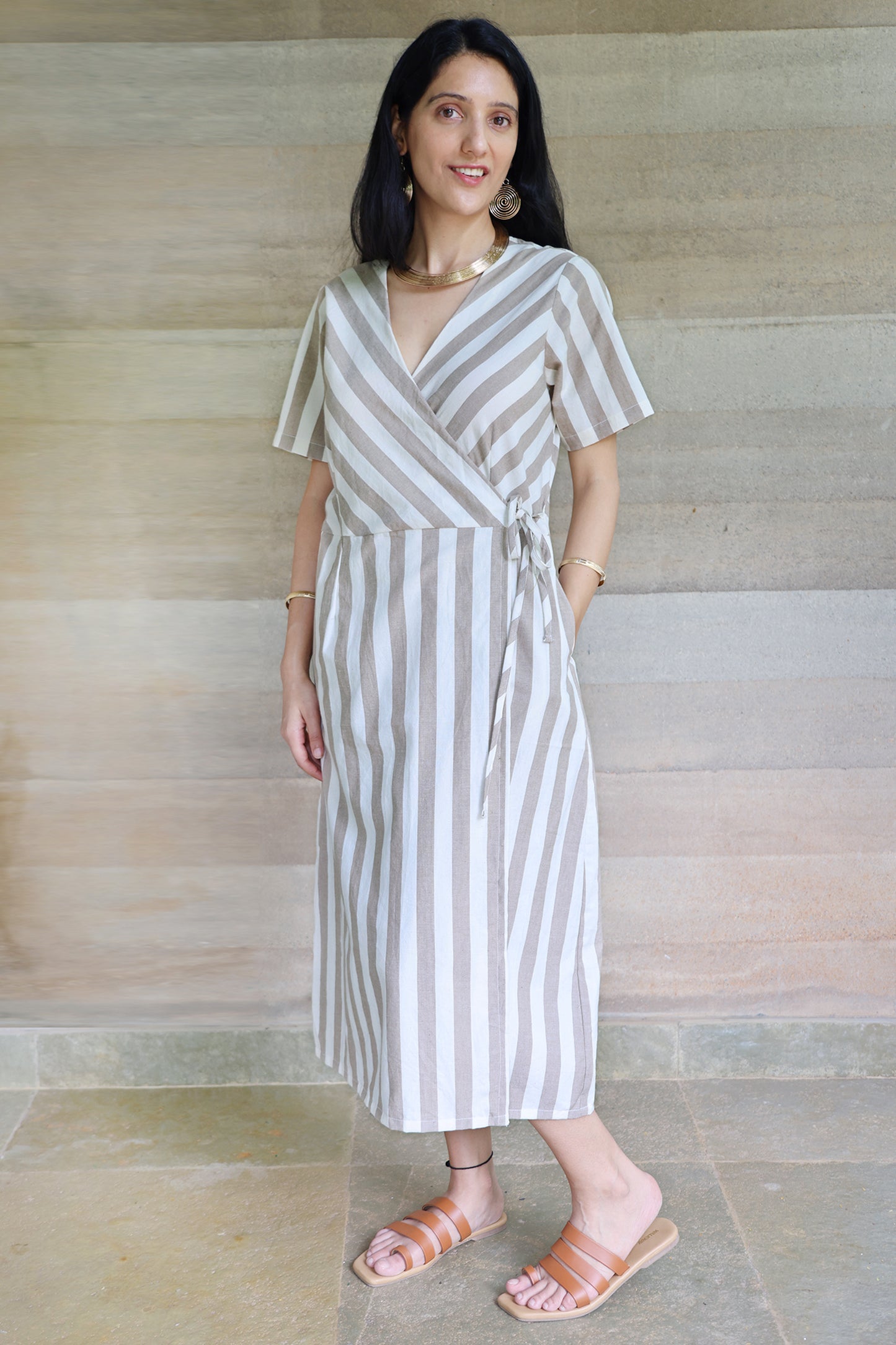 Striped Half Sleeved Wrap Around Dress in Off White and Light Brown