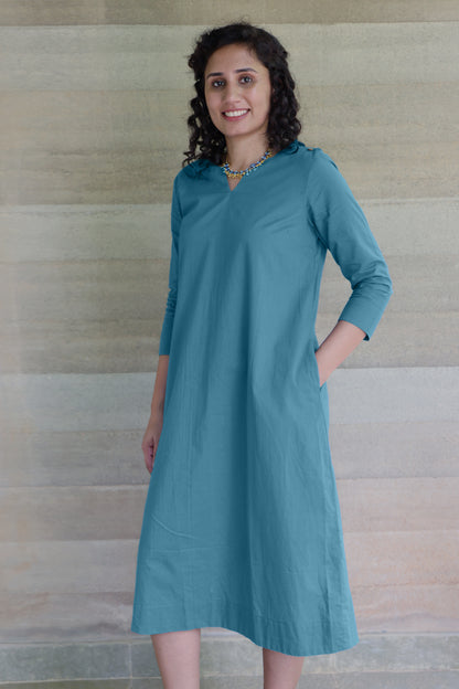 Teal Blue Light weight pure cotton Kurta Midi Dress