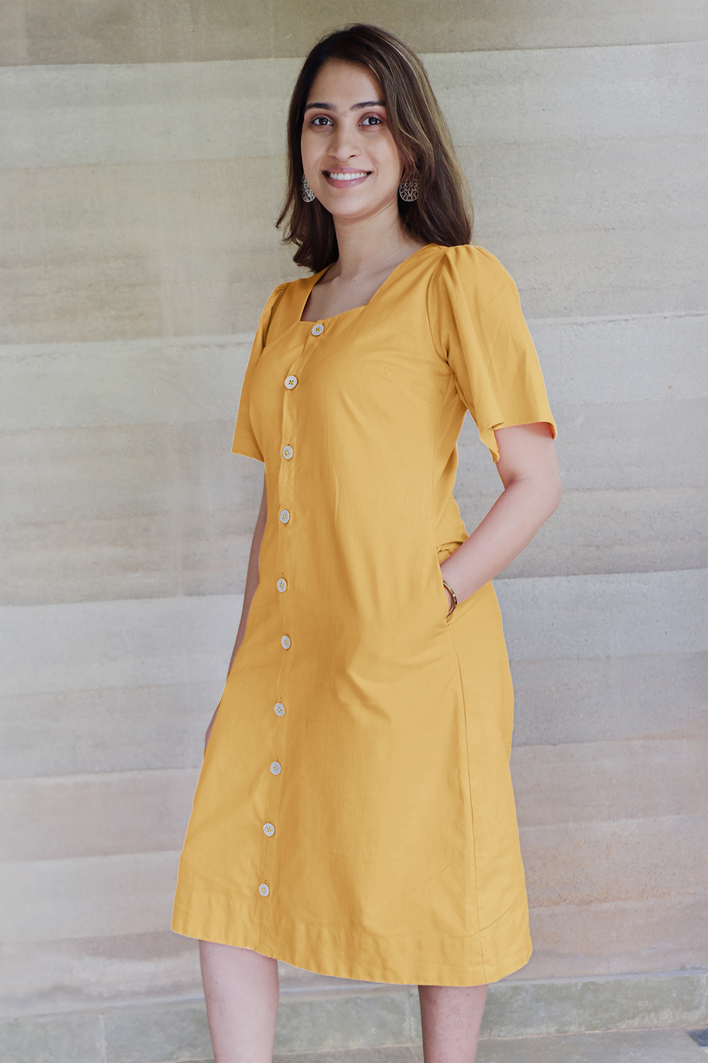 Square Neck A Line Dress in Monotone Solid Ochre Yellow