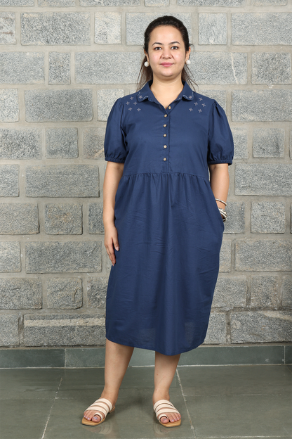 Collared Fine Cotton Navy Blue Dress with Embroidery