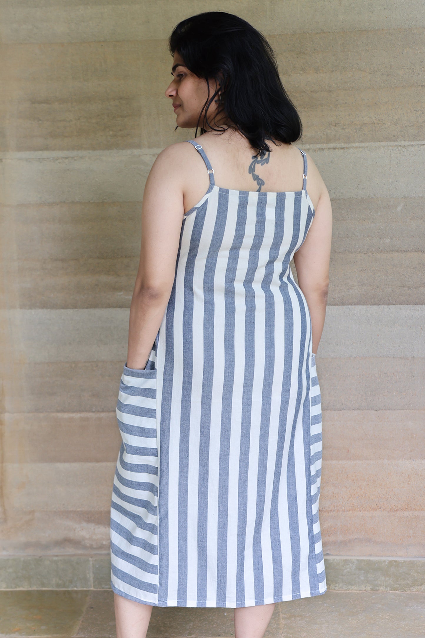 Off White and Indigo Striped Godet Dress