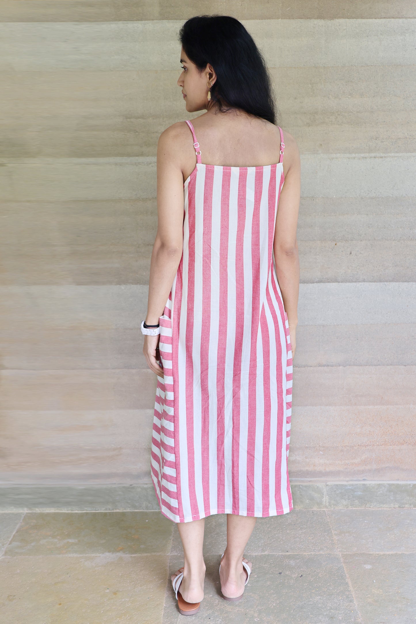 Off White and Red Striped Godet Dress