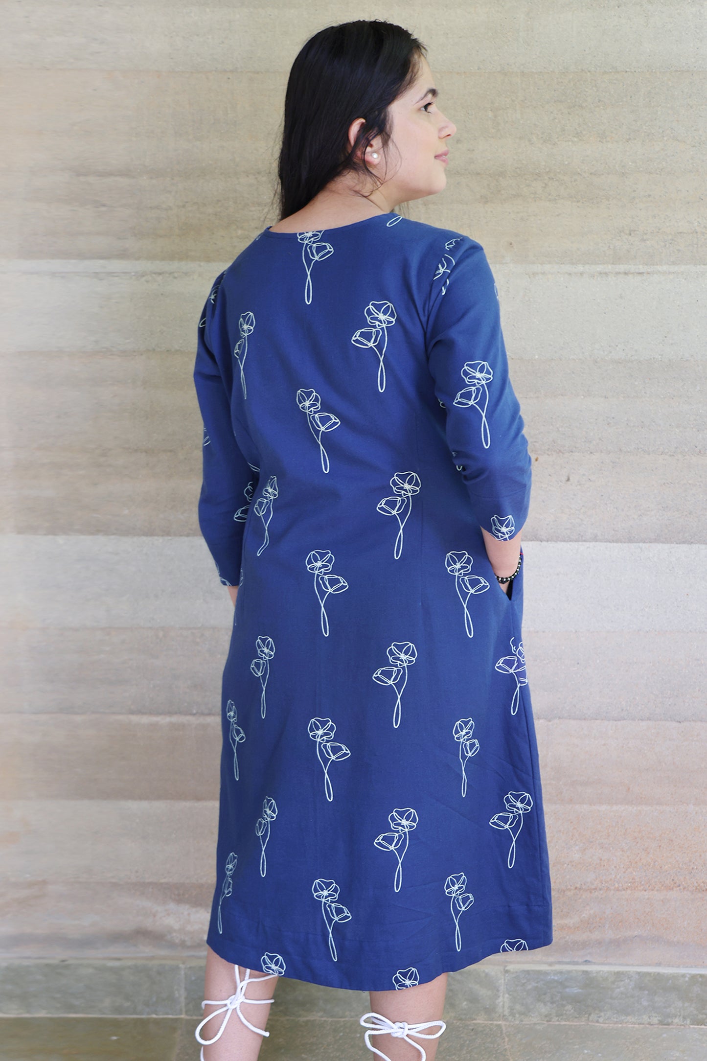 Indigo Blue Printed Pure Cotton Midi Dress