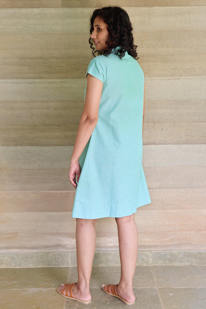 Mandarin Collar A Line Green Oxford Dress