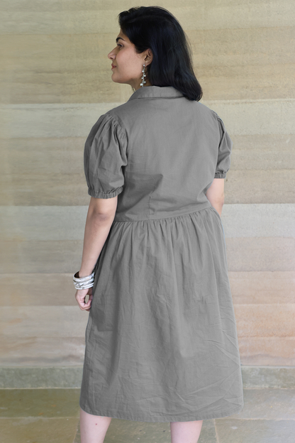 Collared Fine Cotton Grey Dress with Embroidery