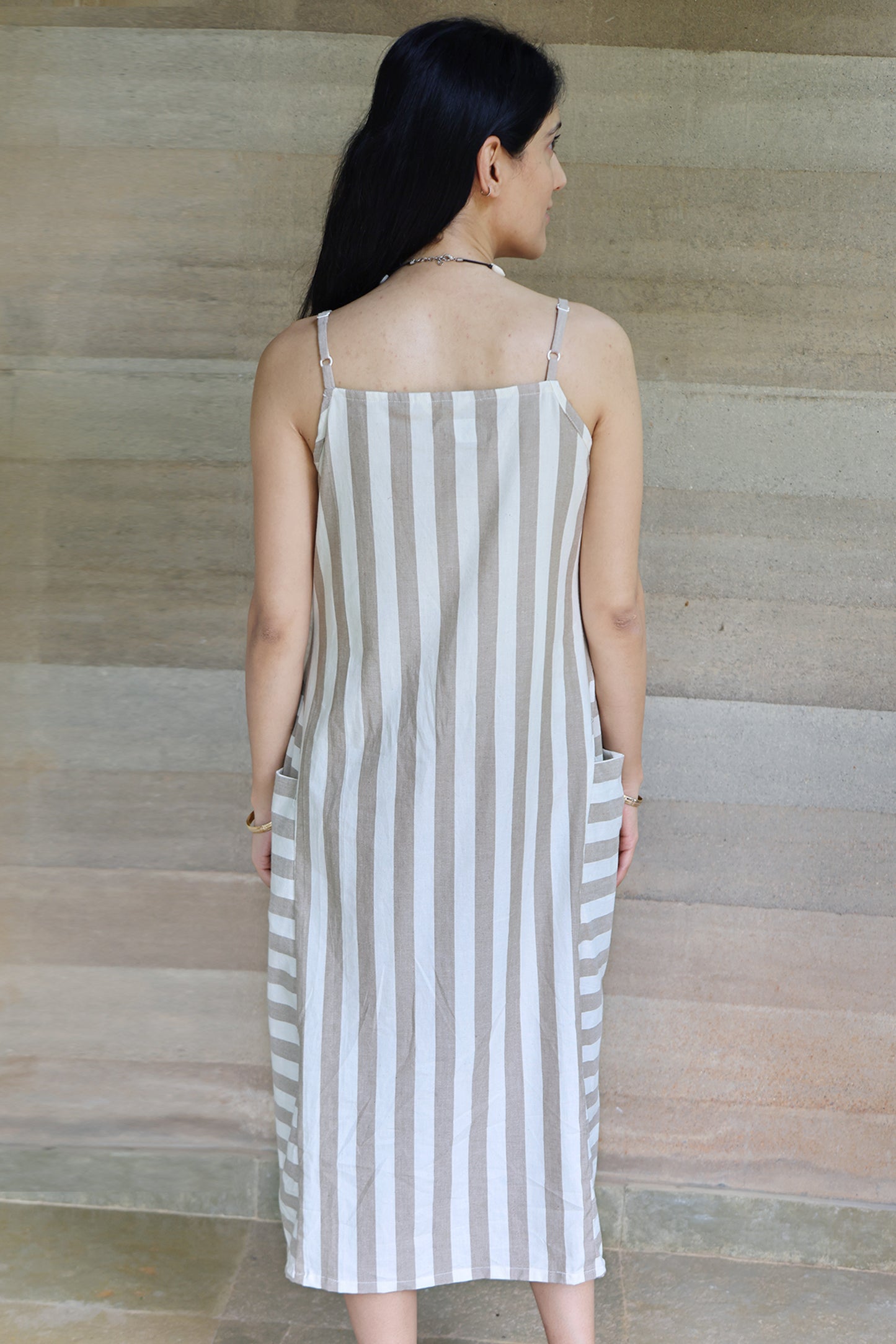 Off white and Light Brown Striped Godet Dress