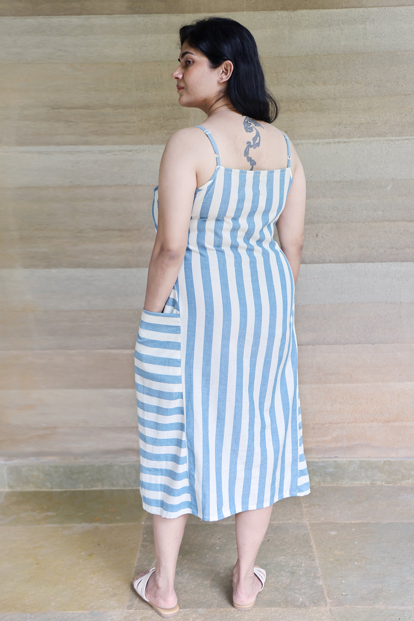 Off White and Light Blue Striped Godet Dress