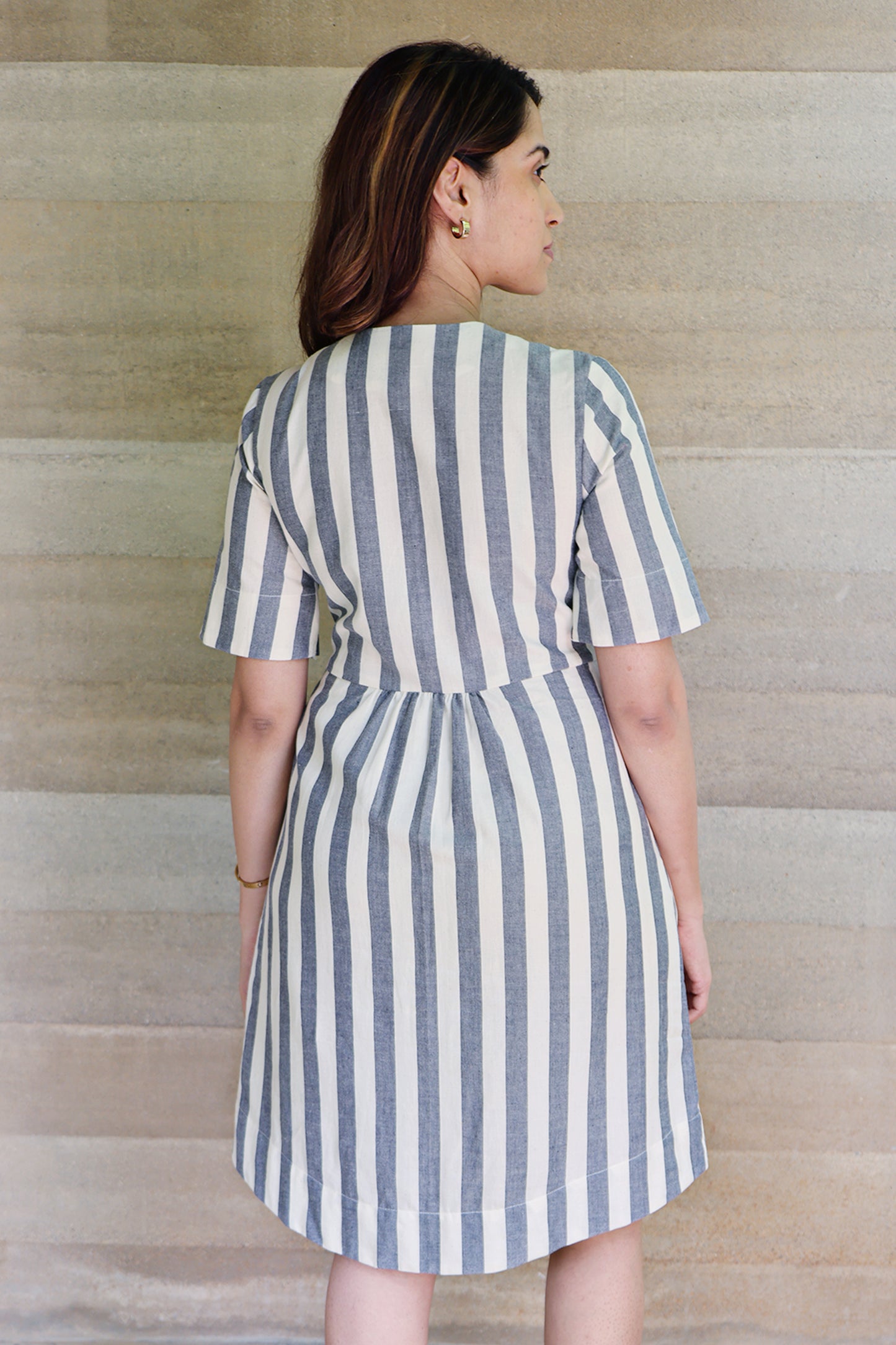 Zigzagged Striped V Neck Off White and Indigo Dress