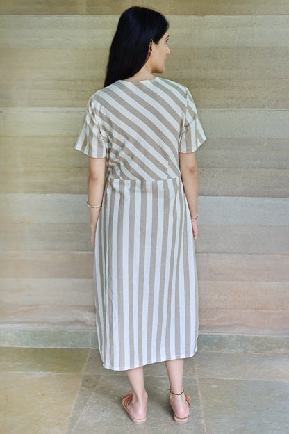 Striped Half Sleeved Wrap Around Dress in Off White and Light Brown