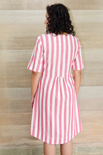 Zigzagged Striped V Neck Off White and Red Dress