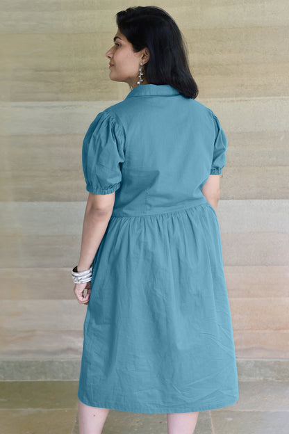 Collared Fine Cotton Teal Blue Dress