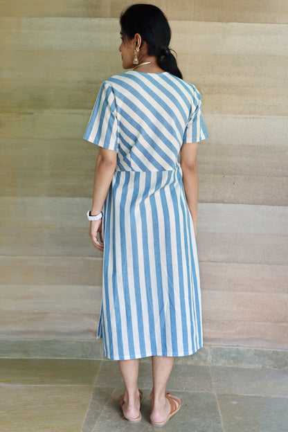 Striped Half Sleeved Wrap Around Dress in Off White and Light Blue