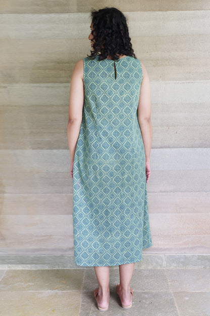 Green and Blue Geometrical Printed Sleeveless Maxi Dress