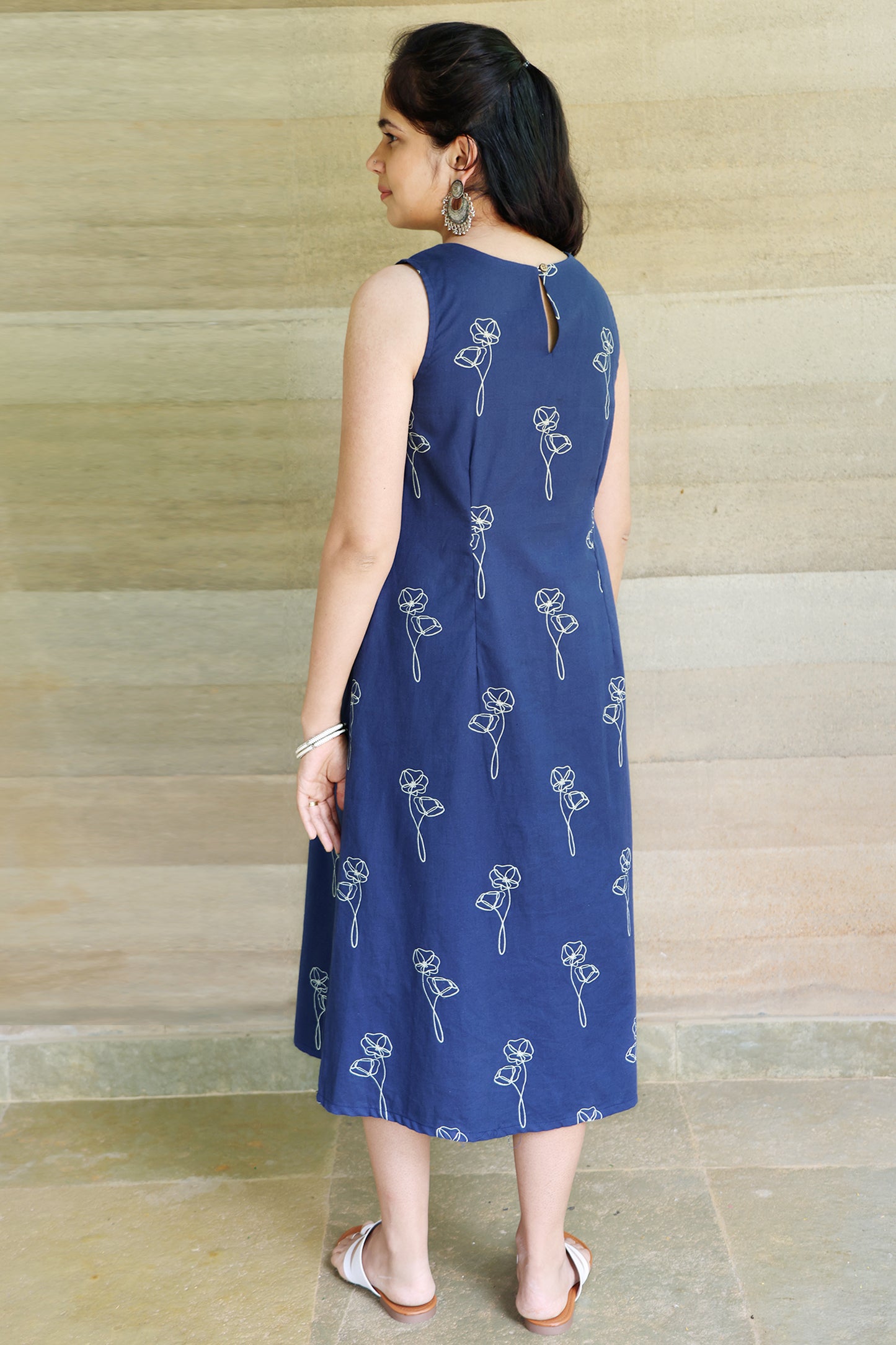 Navy Botanical Printed Sleeveless Maxi Dress