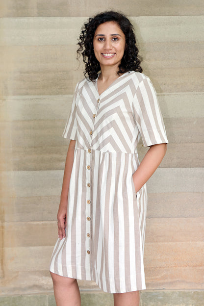 Zigzagged Striped V Neck Off White and Light Brown Dress