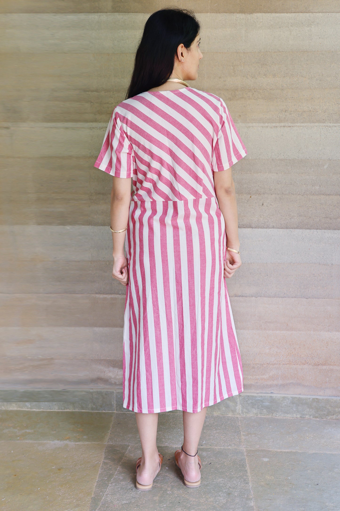 Striped Half Sleeved Wrap Around Dress in Off White and Red