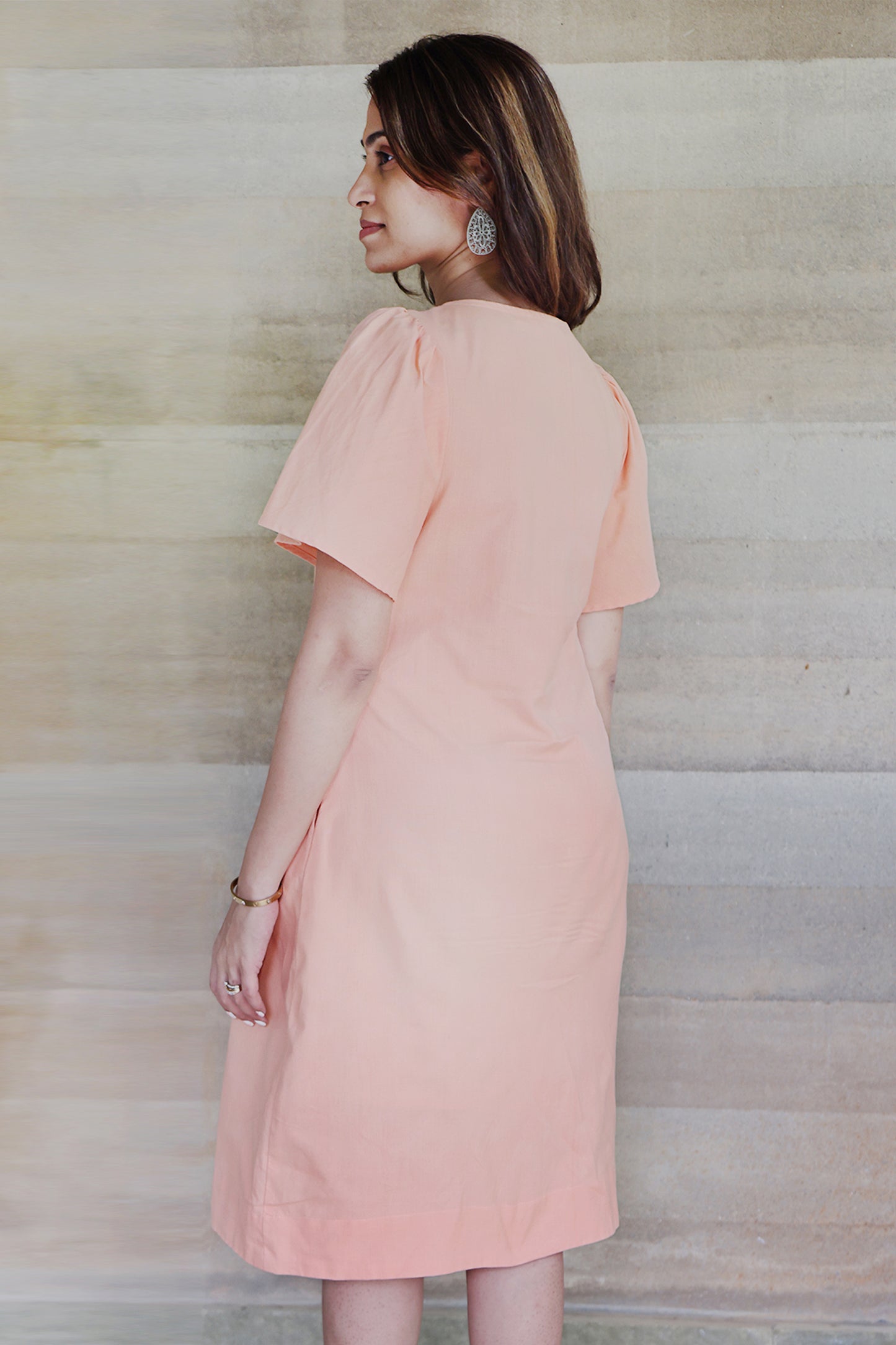 Square Neck A Line Dress in Monotone Solid Peach