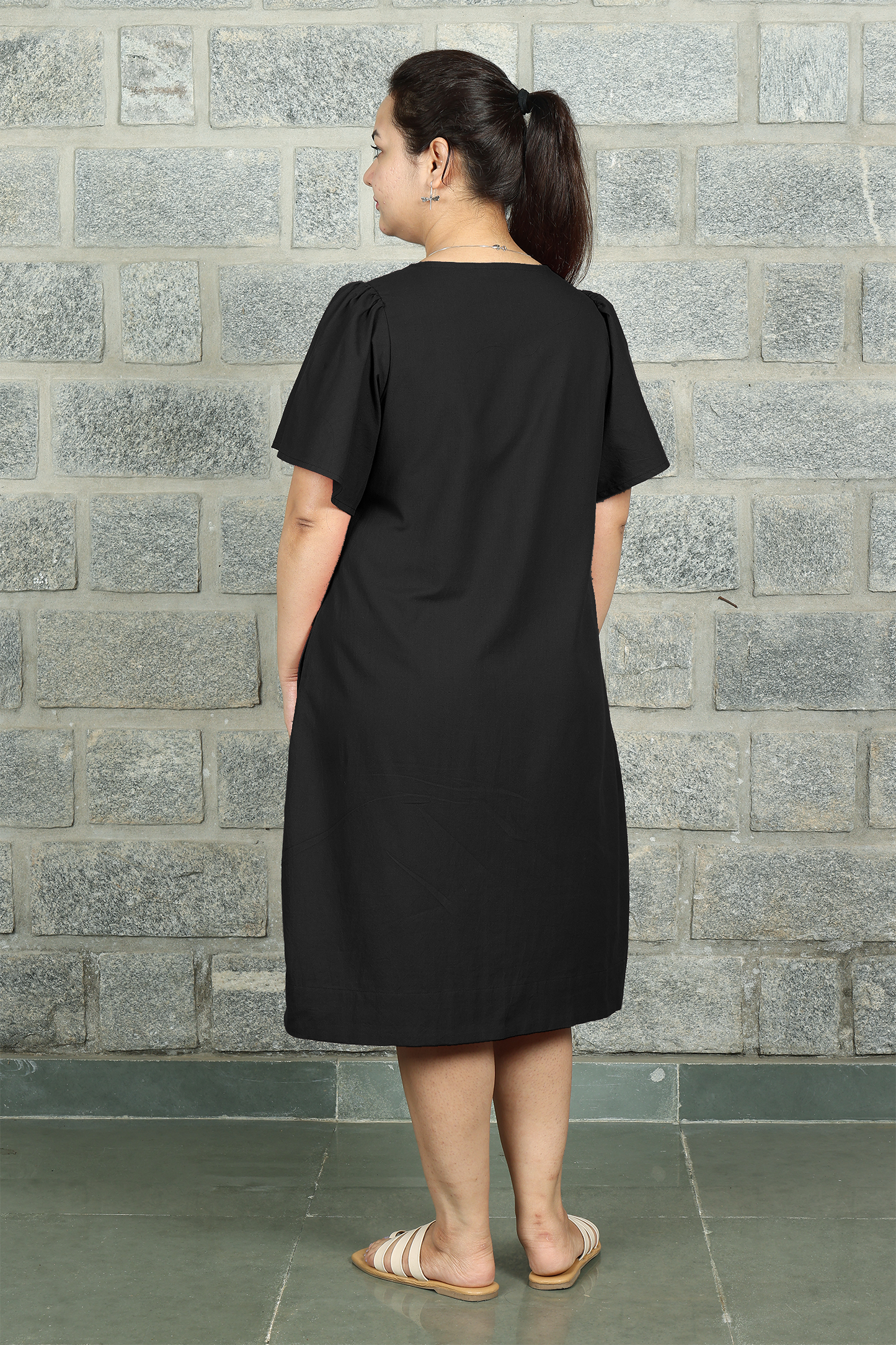 Square Neck A Line Dress in Monotone Solid Black