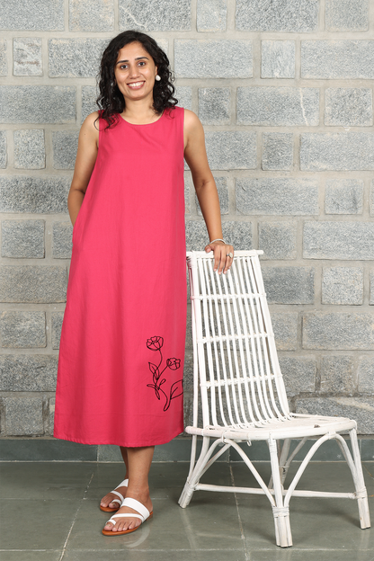 Viva Magenta Sleeveless Maxi Dress with Embroidery
