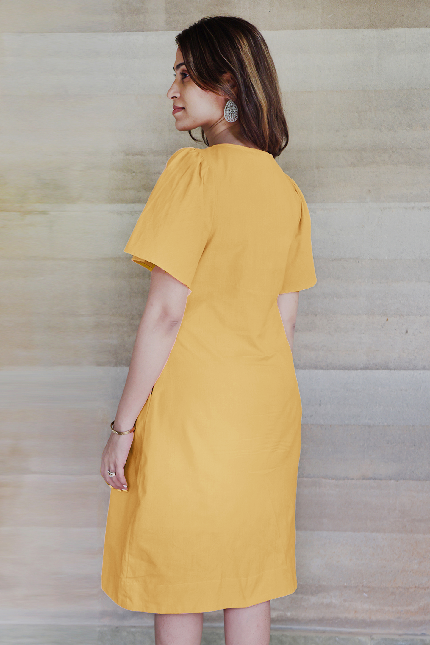 Square Neck A Line Dress in Monotone Solid Ochre Yellow