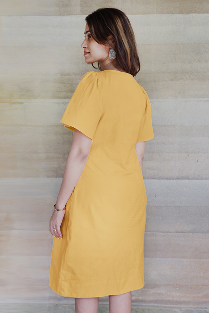 Square Neck A Line Dress in Monotone Solid Ochre Yellow