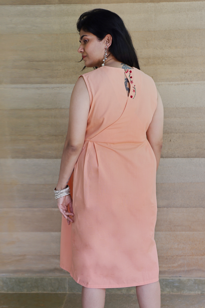 Round Neck Sleeveless Pleated Pink Peach Dress with Embroidery