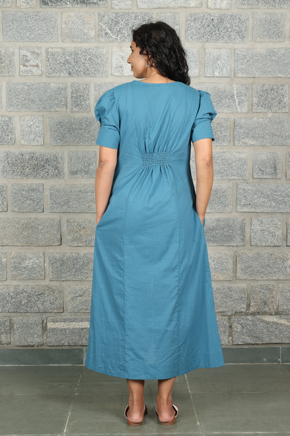 V Neck Front Slit Teal Solid Dress with Embroidery