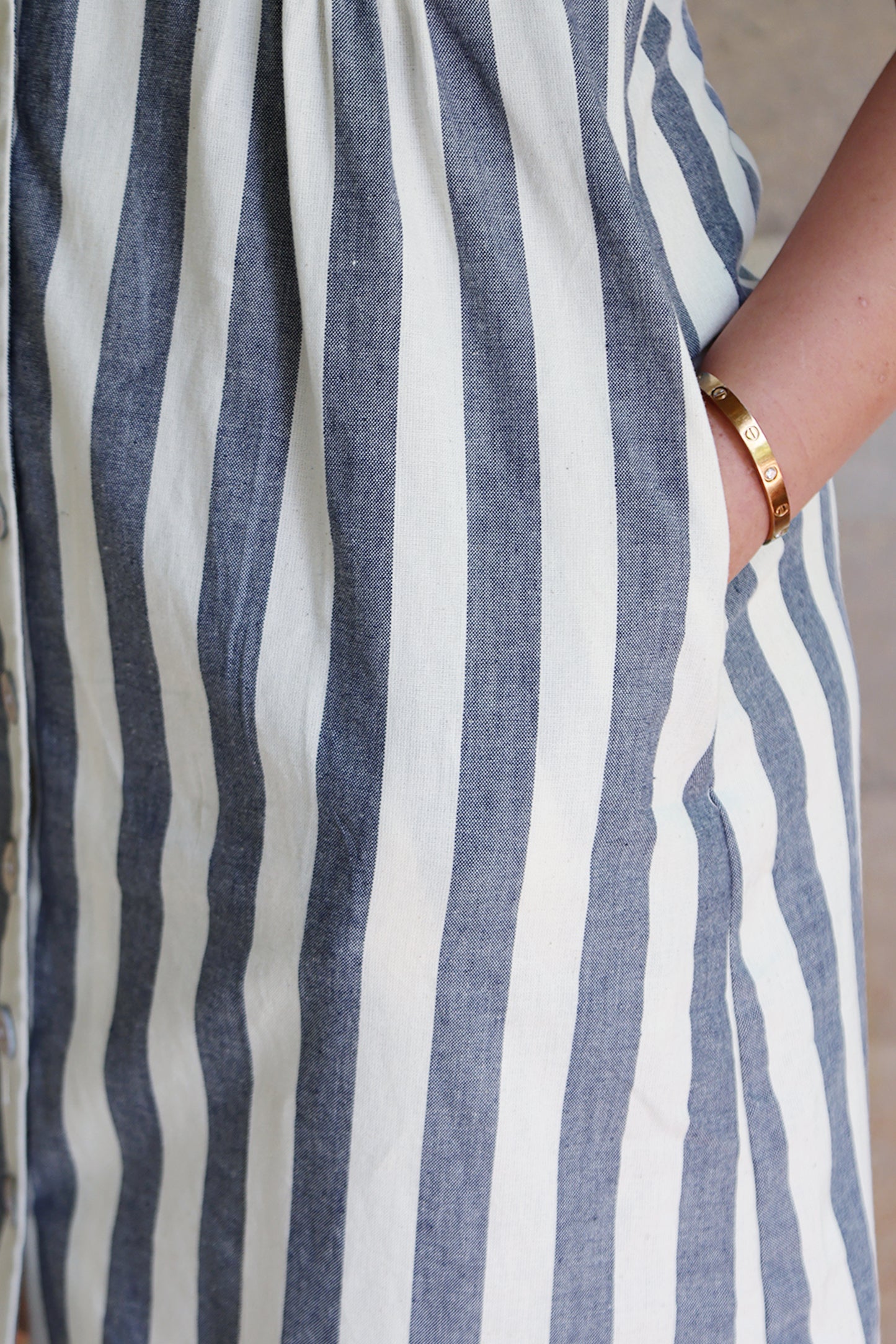 Zigzagged Striped V Neck Off White and Indigo Dress