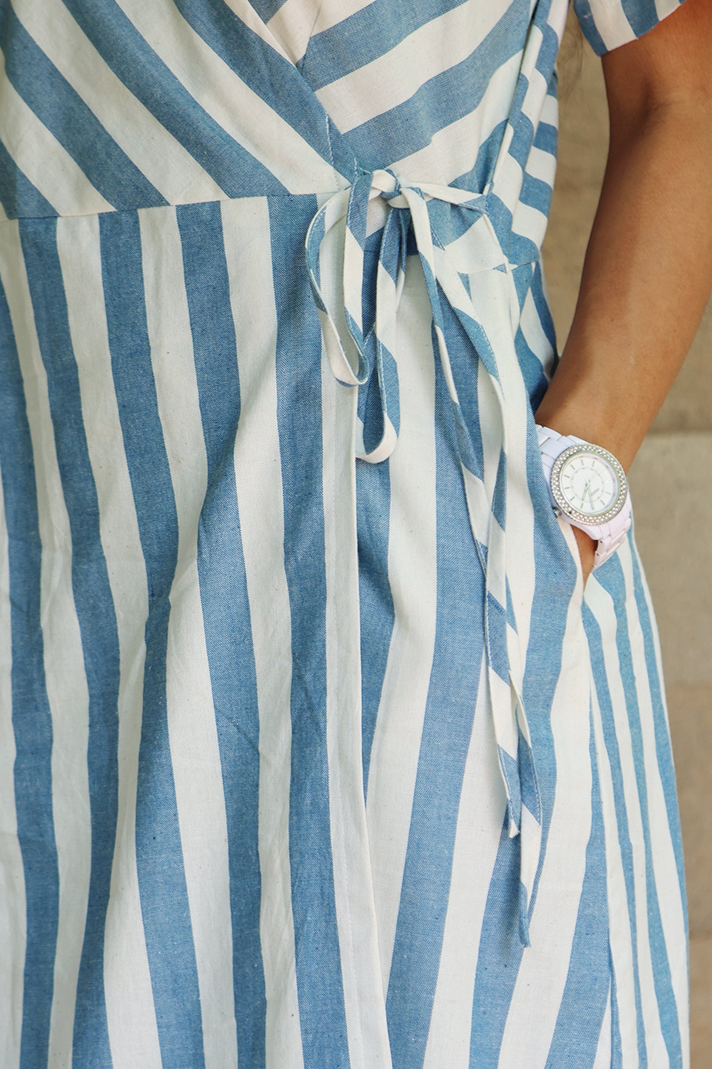 Striped Half Sleeved Wrap Around Dress in Off White and Light Blue