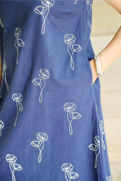 Navy Botanical Printed Sleeveless Maxi Dress