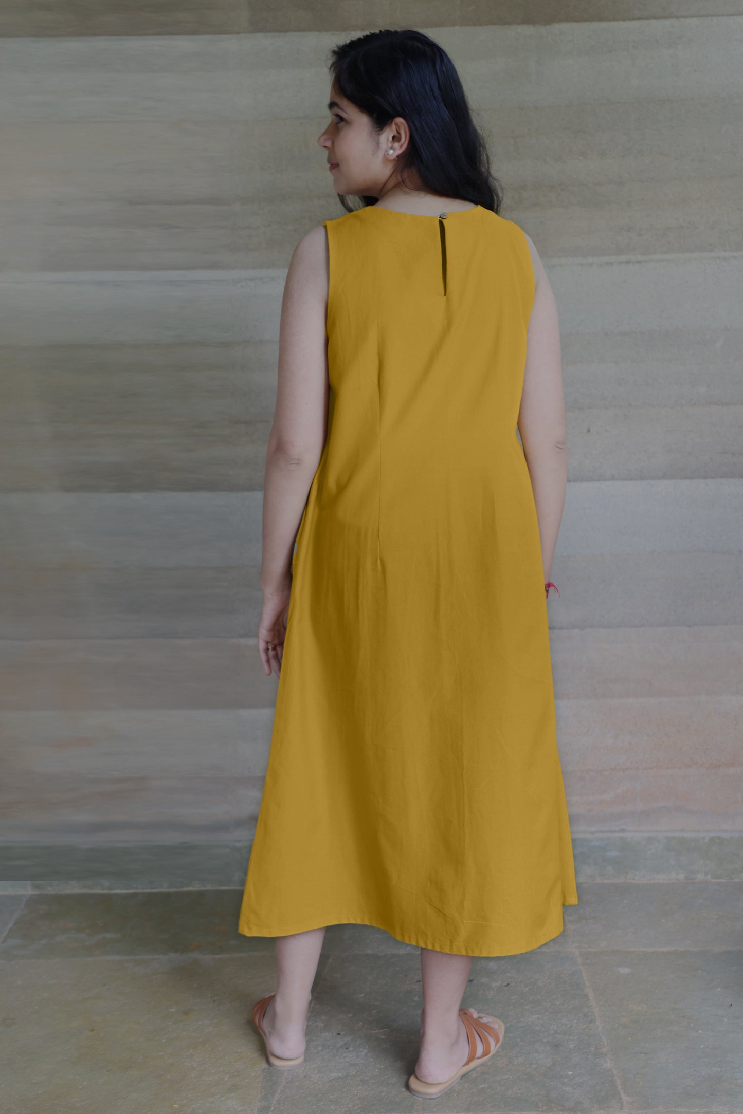 Ochre Yellow Sleeveless Maxi Dress with Embroidery