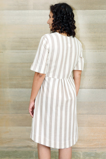 Zigzagged Striped V Neck Off White and Light Brown Dress
