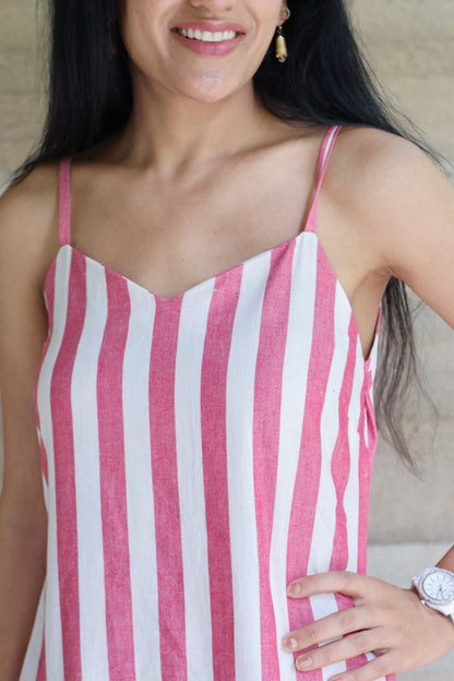 Off White and Red Striped Godet Dress