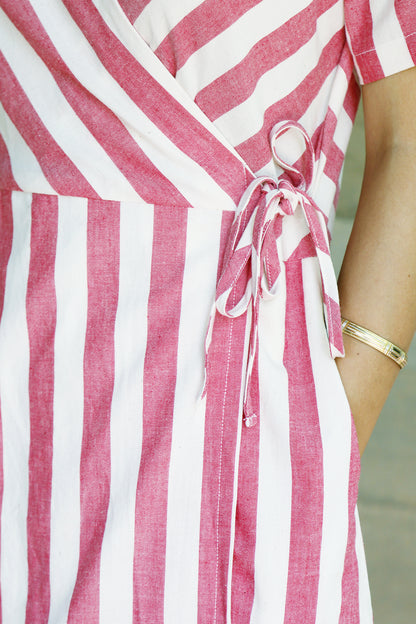 Striped Half Sleeved Wrap Around Dress in Off White and Red