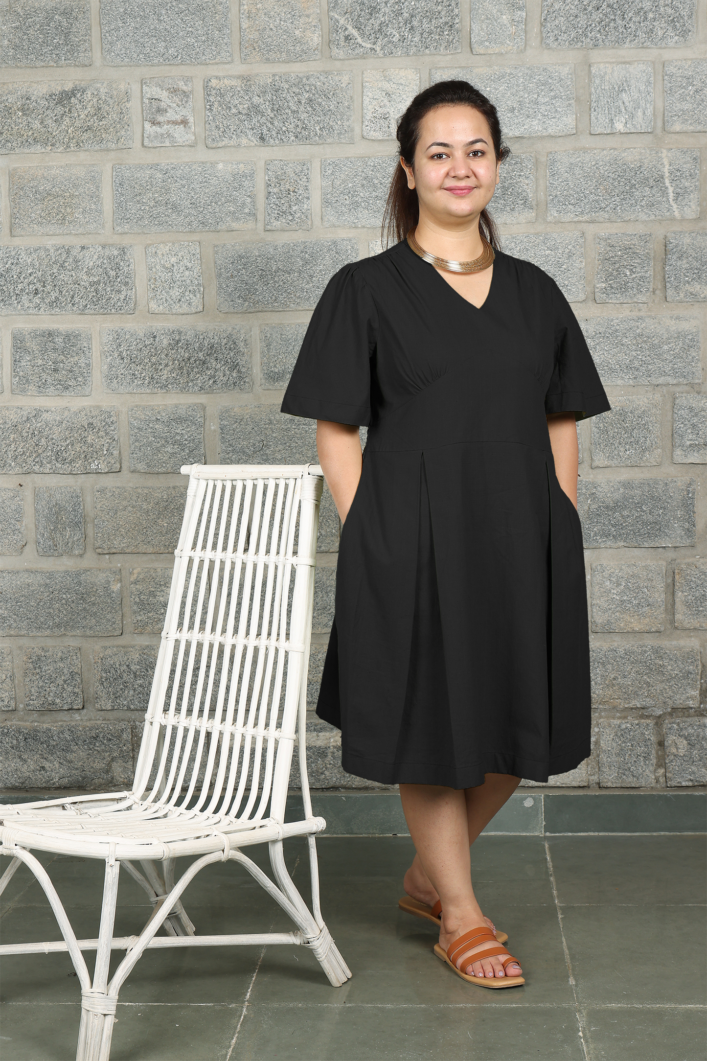 V Neck Box Pleated Ochre Yellow Dress
