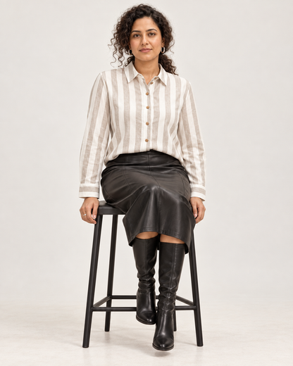Off White and Beige Striped Timeless Style Shirt