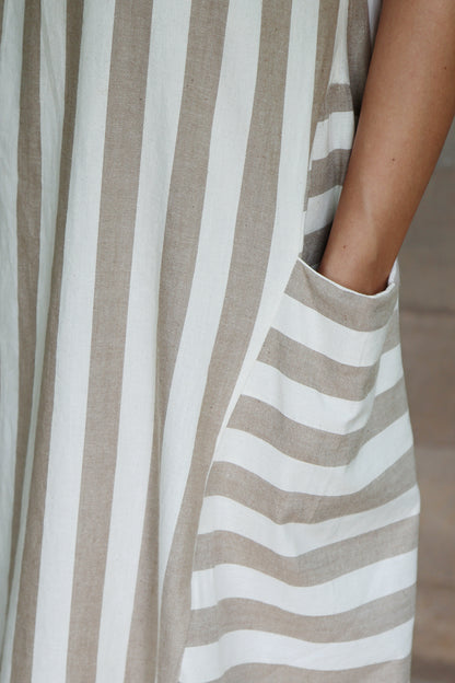 Off white and Light Brown Striped Godet Dress